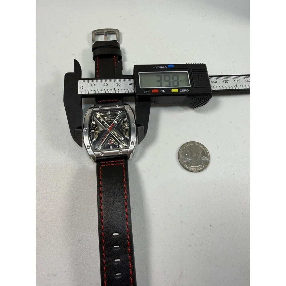 Aokulasic Men’s Automatic Skeleton Tonneau Watch Leather Strap 41mm